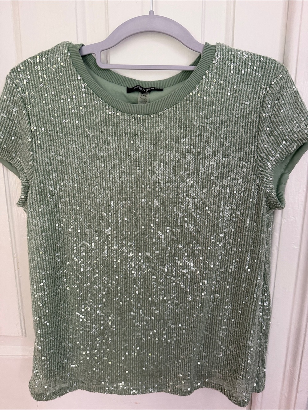 Cable & Gauge Sage Green Sequin Ribbed Short Sleeve Top - Picture 3 of 4